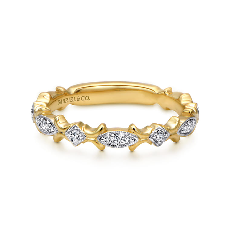 14K Yellow Gold Floral Diamond Stackable Ring - 0.14 ct - Shot 1