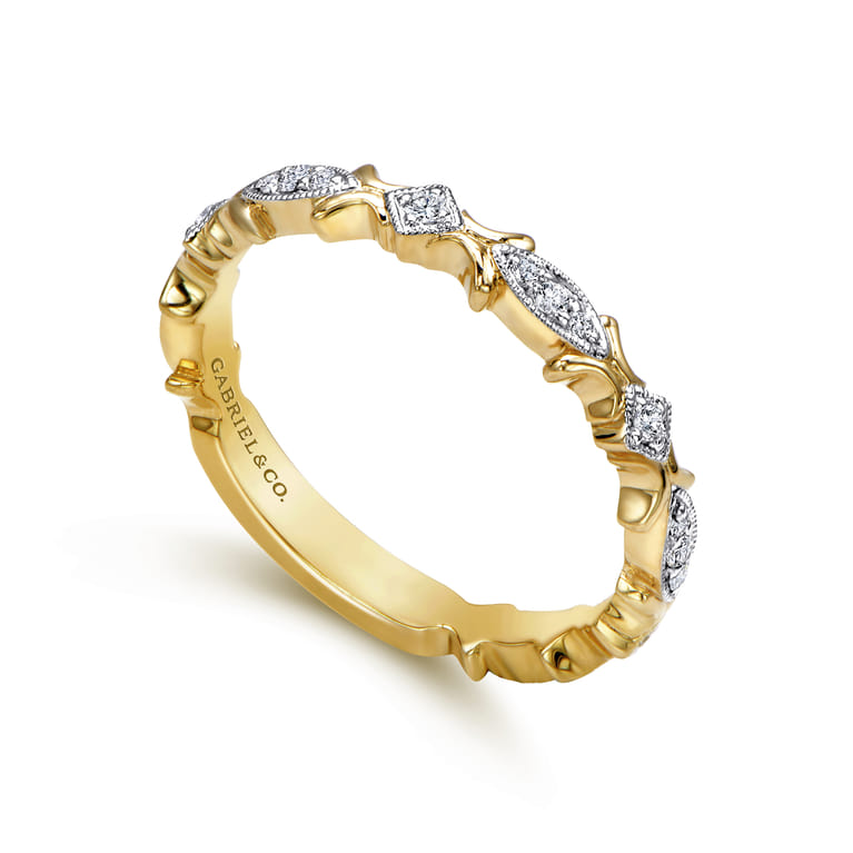 14K Yellow Gold Floral Diamond Stackable Ring - 0.14 ct - Shot 3