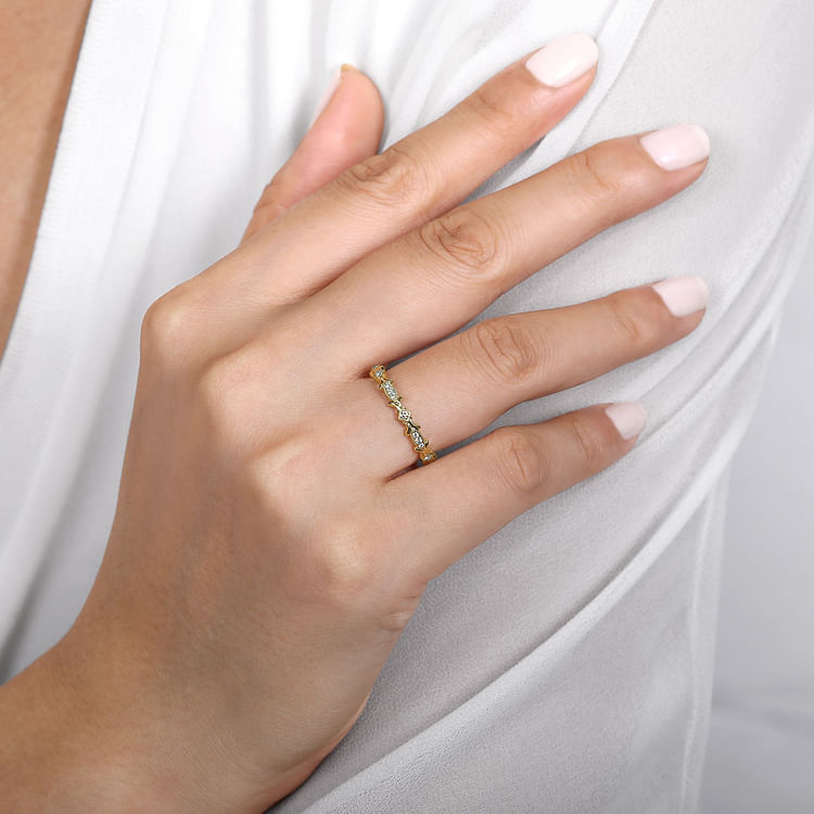 14K Yellow Gold Floral Diamond Stackable Ring
