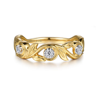 14K Yellow Gold Floral Diamond Stackable Ring