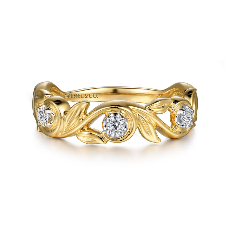 14K Yellow Gold Floral Diamond Stackable Ring - 0.1 ct - Shot 1