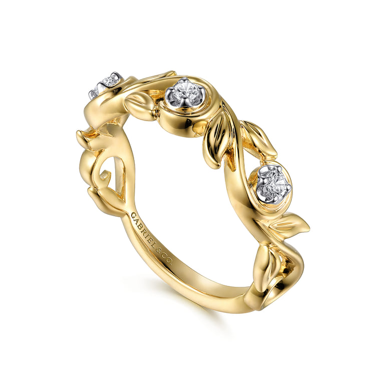 14K Yellow Gold Floral Diamond Stackable Ring - 0.1 ct - Shot 3
