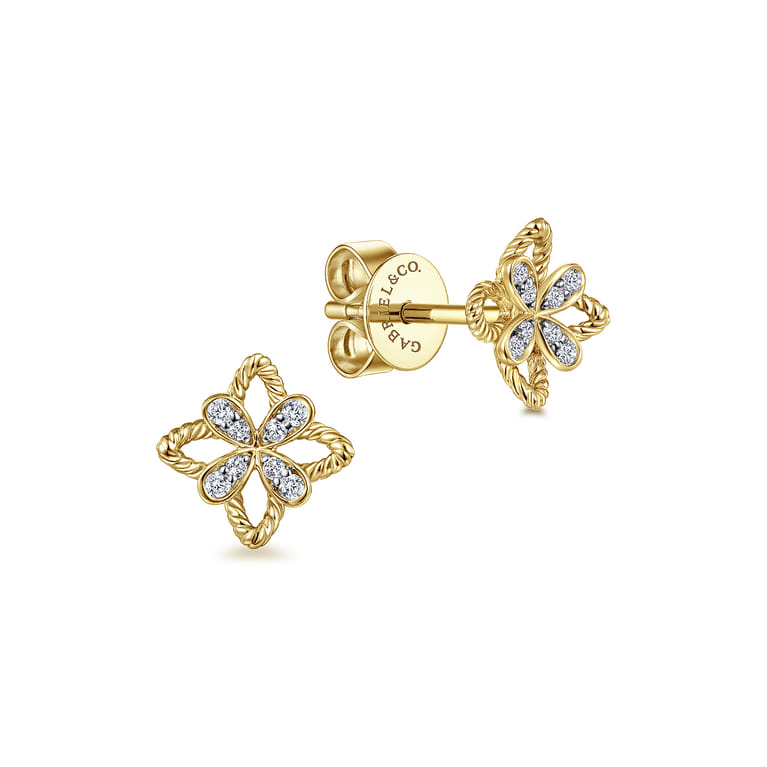 14K Yellow Gold Floral Diamond Stud Earrings - 0.1 ct - Shot 1