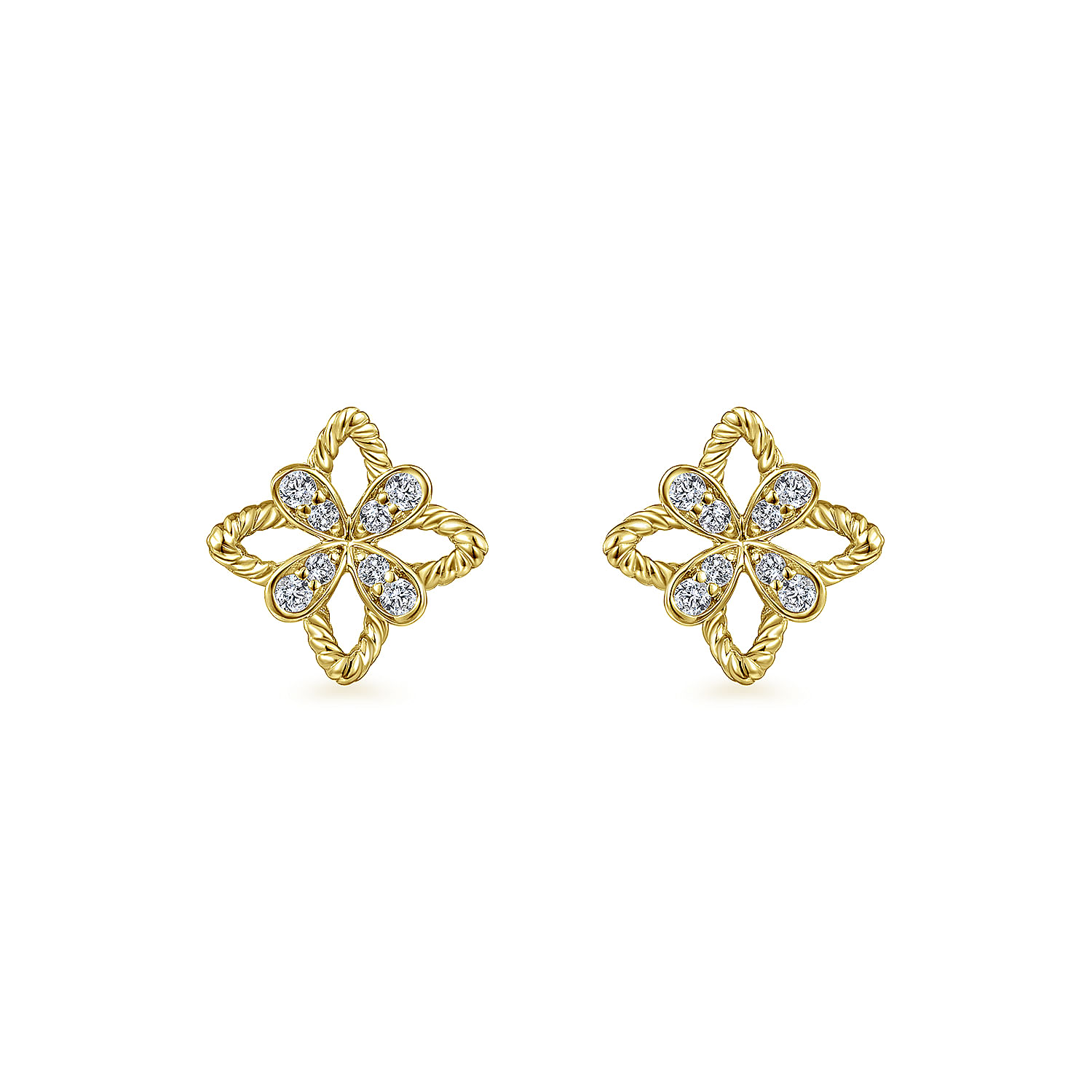 14K Yellow Gold Floral Diamond Stud Earrings