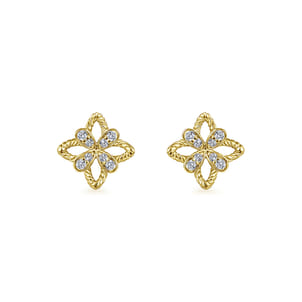 14K Yellow Gold Floral Diamond Stud Earrings