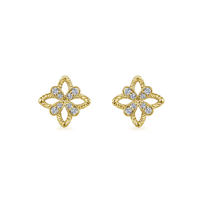 14K Yellow Gold Floral Diamond Stud Earrings