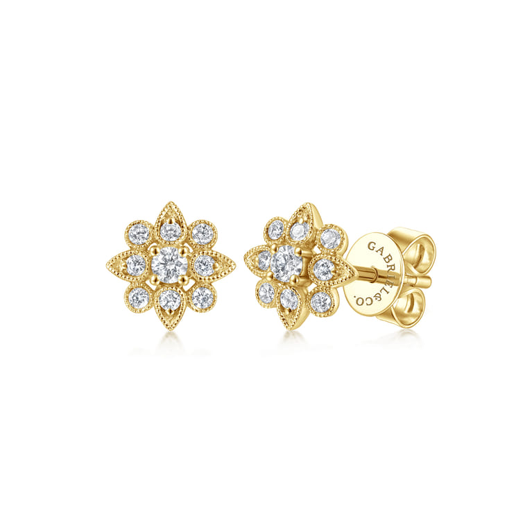14K Yellow Gold Floral Diamond Stud Earrings - 0.25 ct - Shot 1