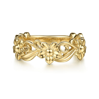 14K Yellow Gold Floral Garden Stackable Ring