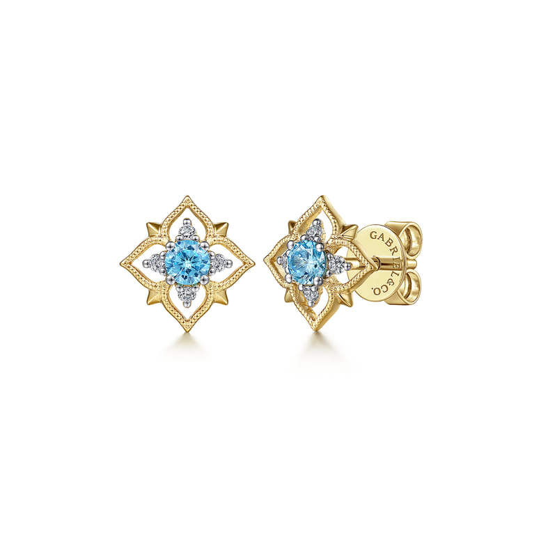 14K Yellow Gold Floral Swiss Blue Topaz and Diamond Stud Earrings - 0.06 ct - Shot 1