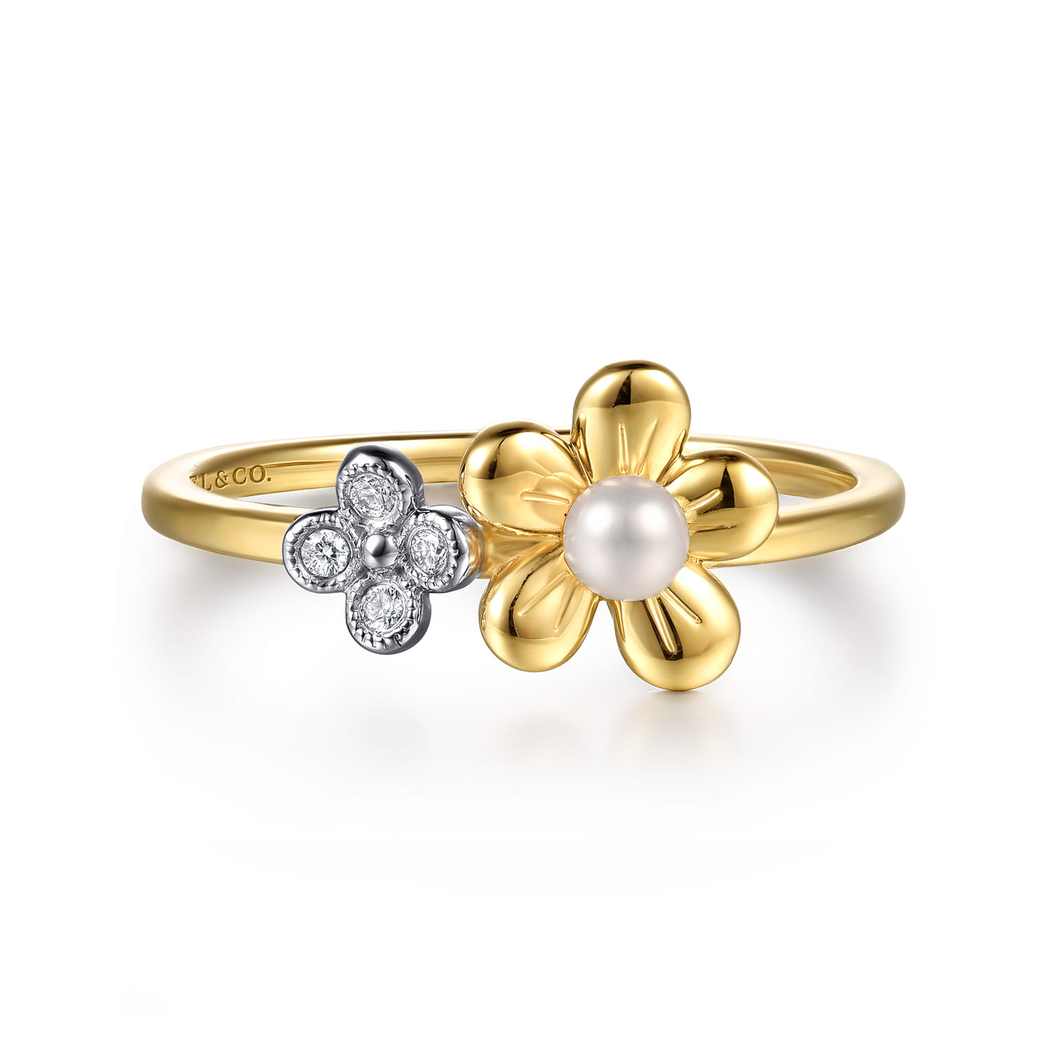 14K Yellow Gold Flower Diamond and Pearl Stackable Ring - 0.02 ct - Shot 1