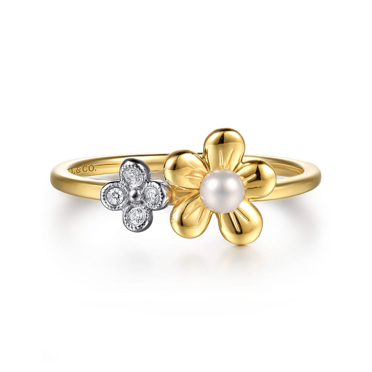 14K Yellow Gold Flower Diamond and Pearl Stackable Ring - 0.02 ct - Shot 1