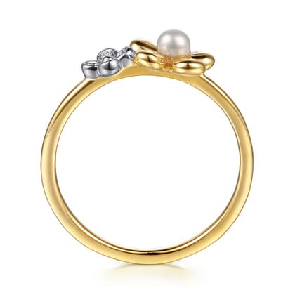 14K Yellow Gold Flower Diamond and Pearl Stackable Ring