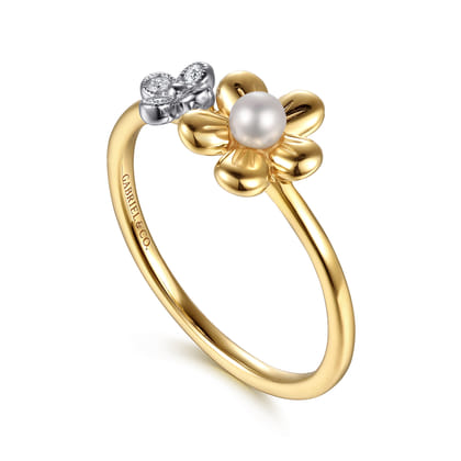 14K Yellow Gold Flower Diamond and Pearl Stackable Ring