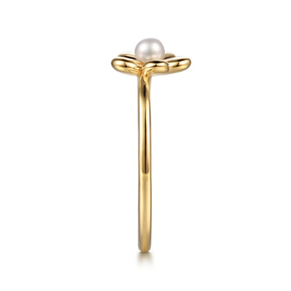 14K Yellow Gold Flower Diamond and Pearl Stackable Ring