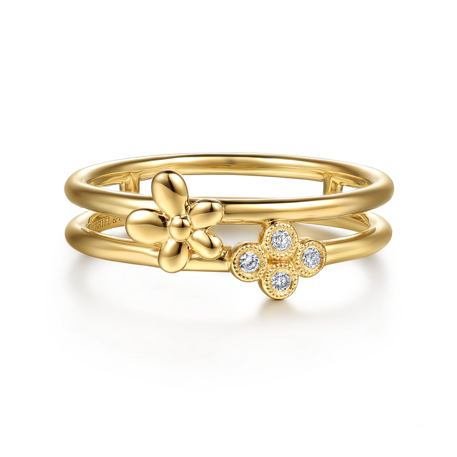 14K Yellow Gold Flower and Diamond Clover Easy Stackable Ring - 0.04 ct - Shot 1