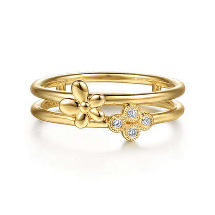 14K Yellow Gold Flower and Diamond Clover Easy Stackable Ring