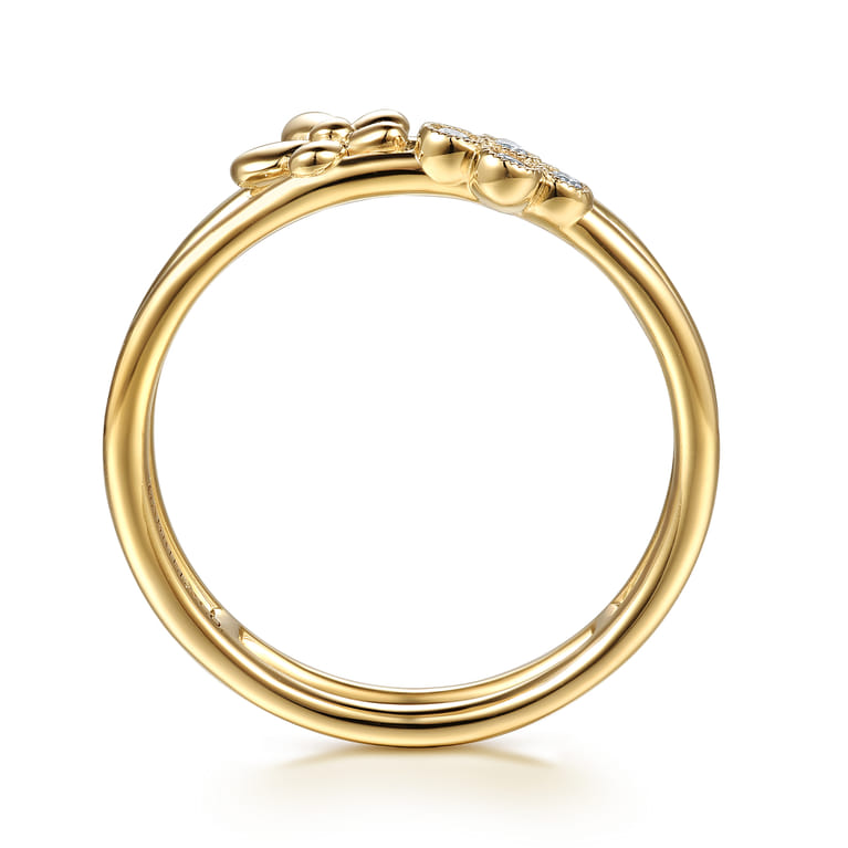 14K Yellow Gold Flower and Diamond Clover Easy Stackable Ring - 0.04 ct - Shot 2