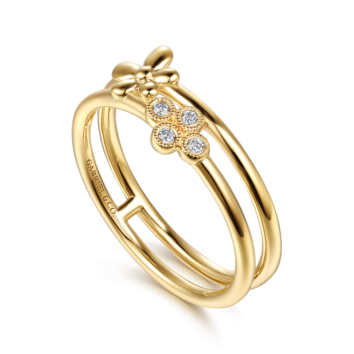 14K Yellow Gold Flower and Diamond Clover Easy Stackable Ring - 0.04 ct - Shot 3