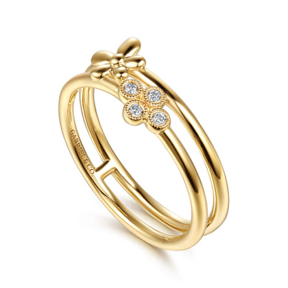 14K Yellow Gold Flower and Diamond Clover Easy Stackable Ring