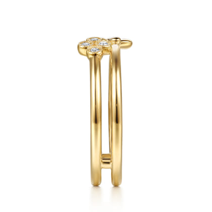 14K Yellow Gold Flower and Diamond Clover Easy Stackable Ring