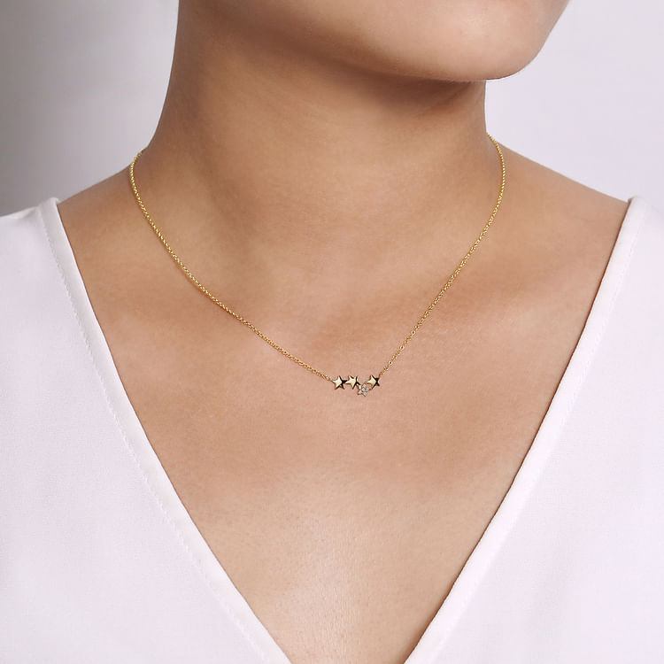 14K Yellow Gold Four Star Diamond Bar Necklace
