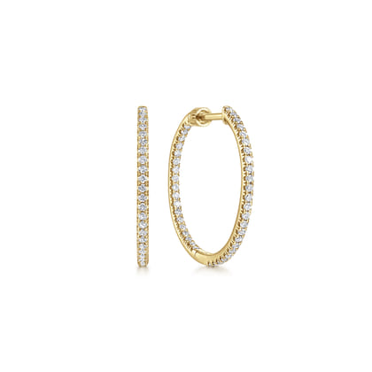 14K Yellow Gold French Pave 20mm Round Inside Out Diamond Hoop Earrings