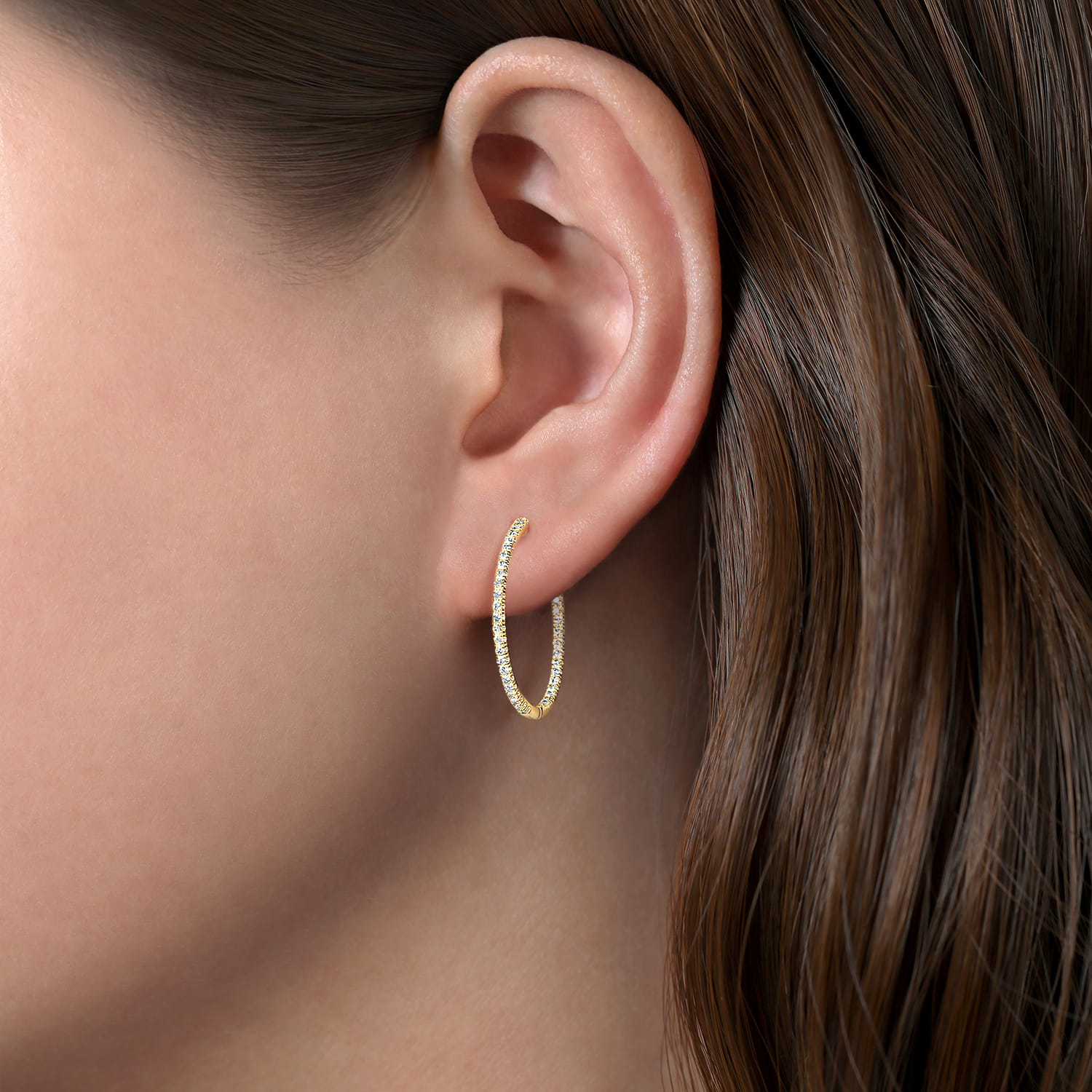 14K Yellow Gold French Pave 20mm Round Inside Out Diamond Hoop Earrings - 0.5 ct - Shot 2