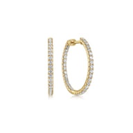 14K Yellow Gold French Pave 20mm Round Inside Out Diamond Hoop Earrings