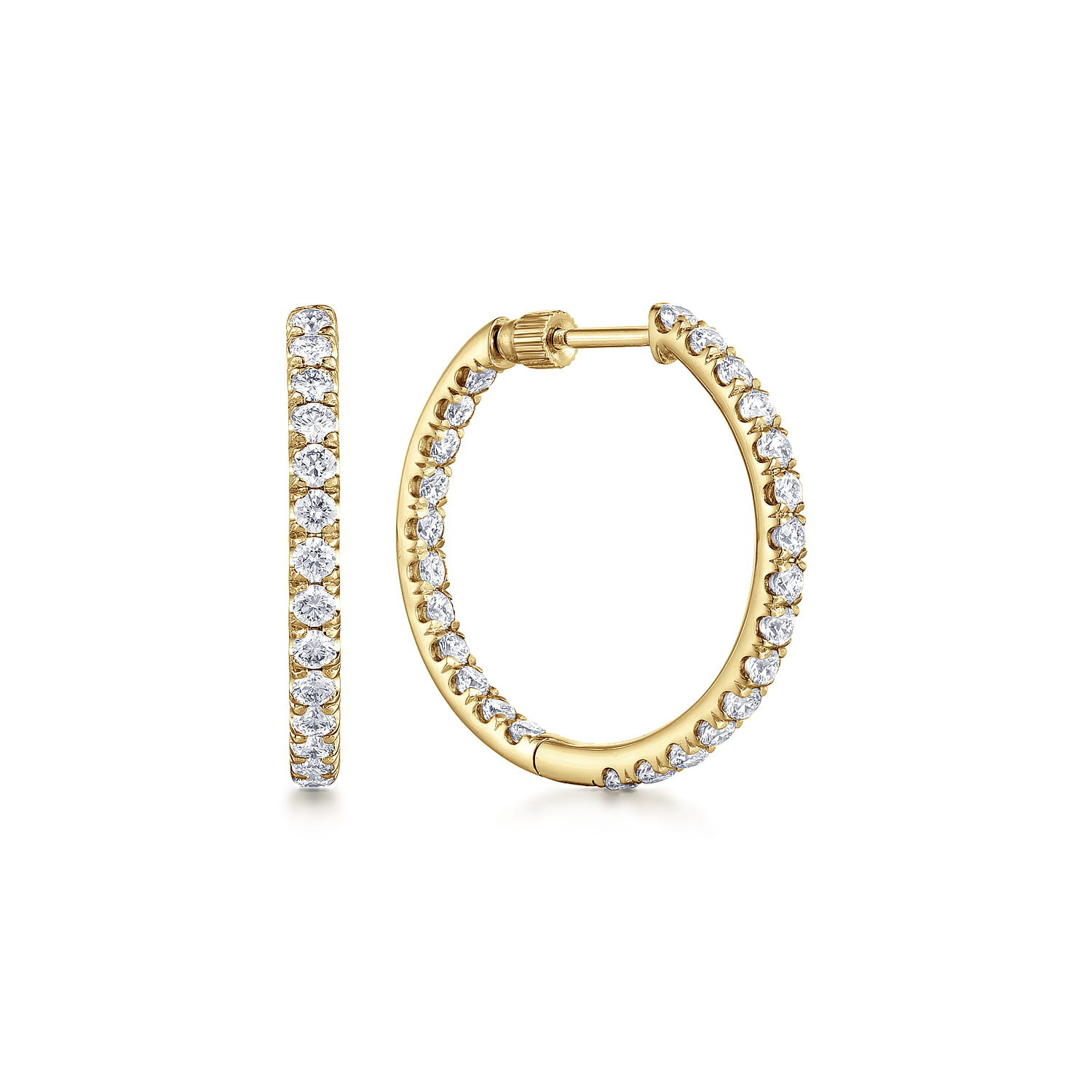 14K Yellow Gold French Pave 20mm Round Inside Out Diamond Hoop Earrings - 1.55 ct - Shot 1