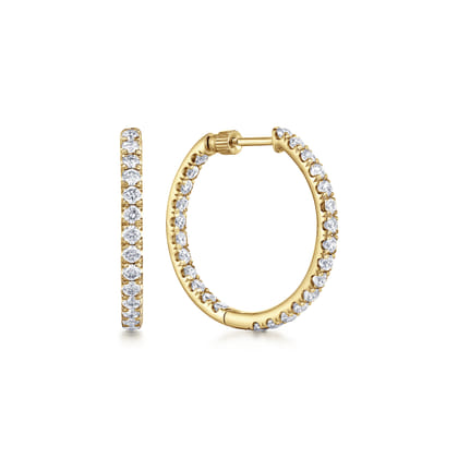14K Yellow Gold French Pave 20mm Round Inside Out Diamond Hoop Earrings