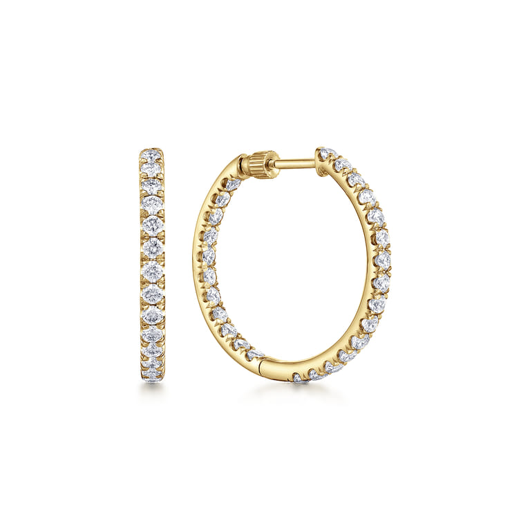 14K Yellow Gold French Pave 20mm Round Inside Out Diamond Hoop Earrings - 1.55 ct - Shot 1