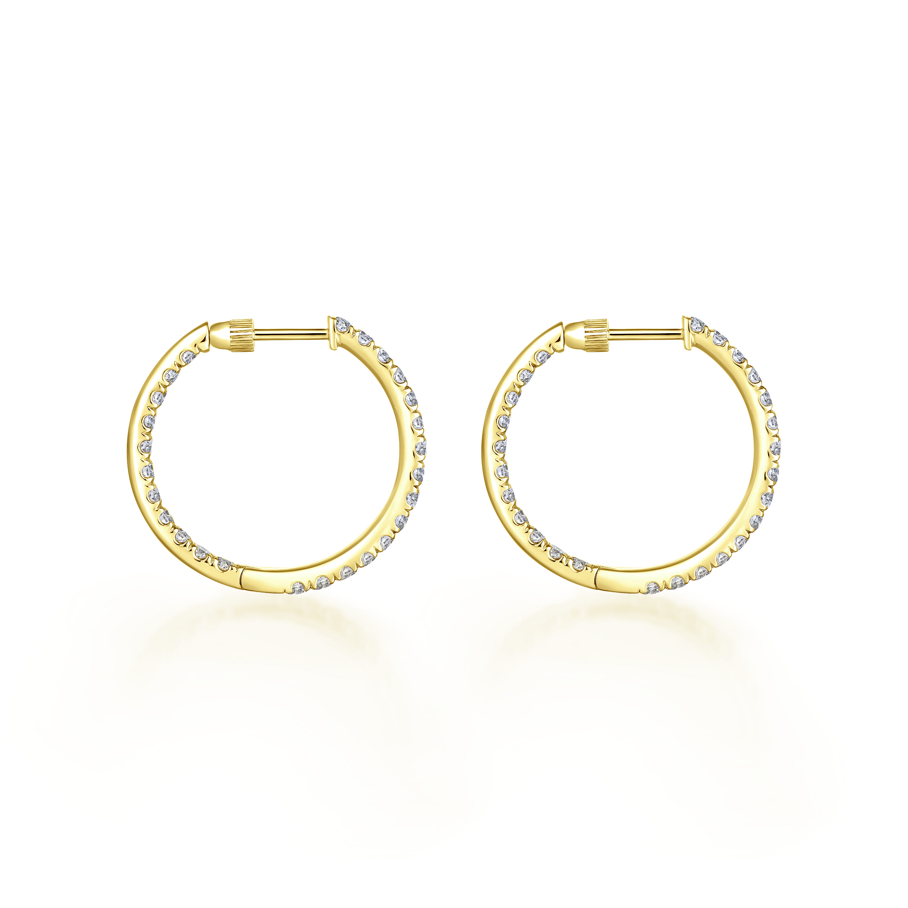 14K Yellow Gold French Pave 20mm Round Inside Out Diamond Hoop Earrings - 1.55 ct - Shot 2