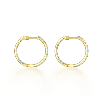 14K Yellow Gold French Pave 20mm Round Inside Out Diamond Hoop Earrings