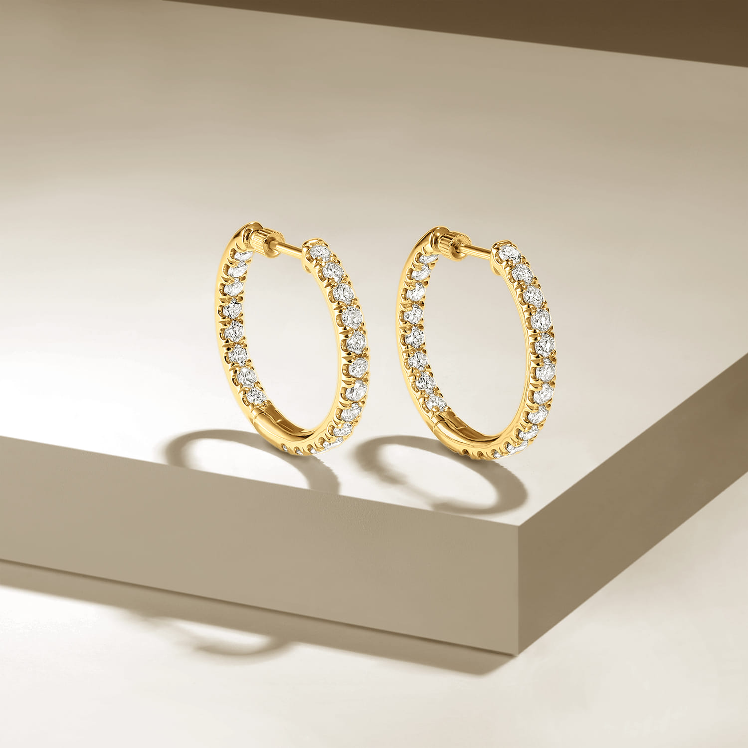 14K Yellow Gold French Pave 20mm Round Inside Out Diamond Hoop Earrings - 2.35 ct - Shot 3