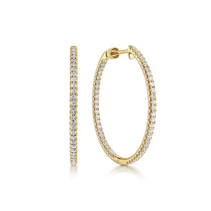 14K Yellow Gold French Pave 30mm Round Inside Out Diamond Hoop Earrings