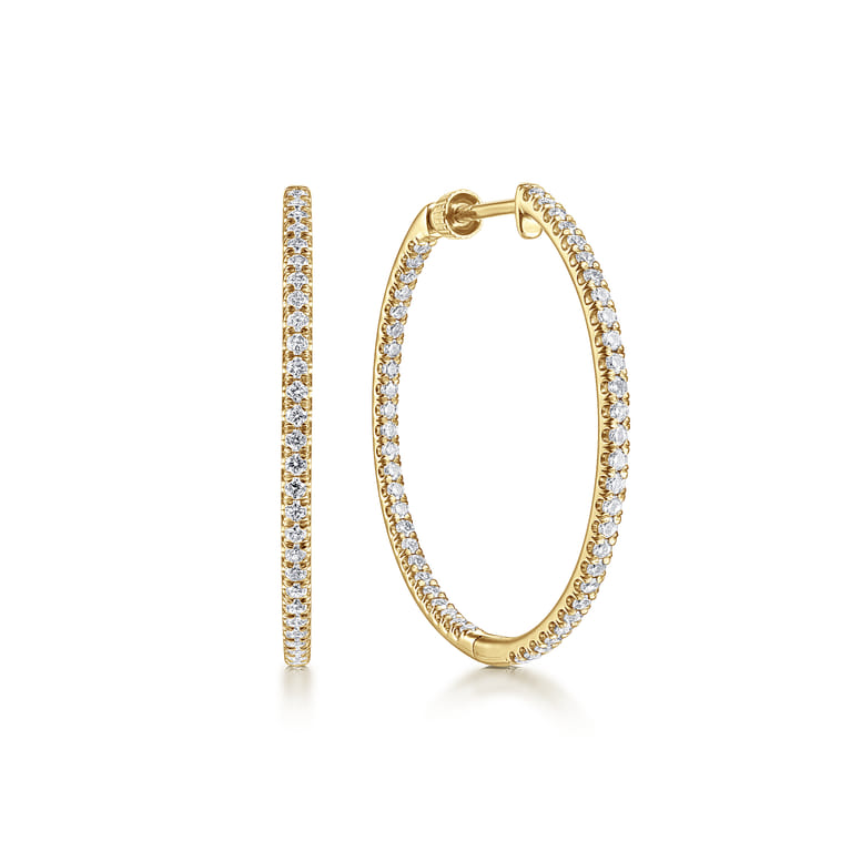 14K Yellow Gold French Pave 30mm Round Inside Out Diamond Hoop Earrings - 1 ct - Shot 1