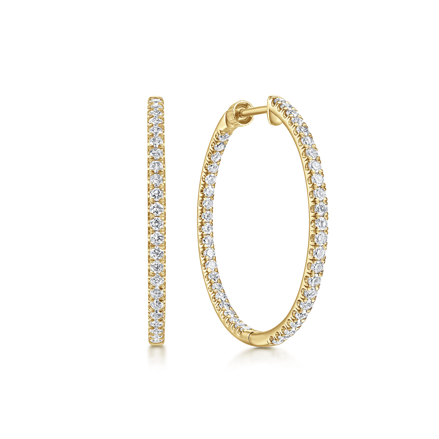 14K Yellow Gold French Pave 30mm Round Inside Out Diamond Hoop Earrings - 1.45 ct - Shot 1