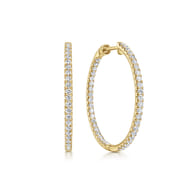 14K Yellow Gold French Pave 30mm Round Inside Out Diamond Hoop Earrings