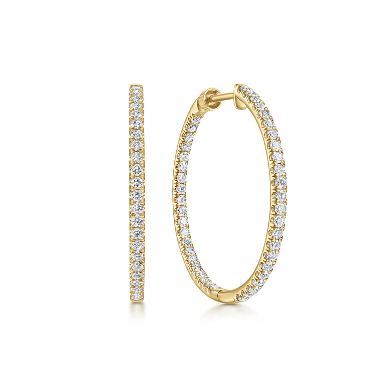 14K Yellow Gold French Pave 30mm Round Inside Out Diamond Hoop Earrings - 1.45 ct - Shot 1