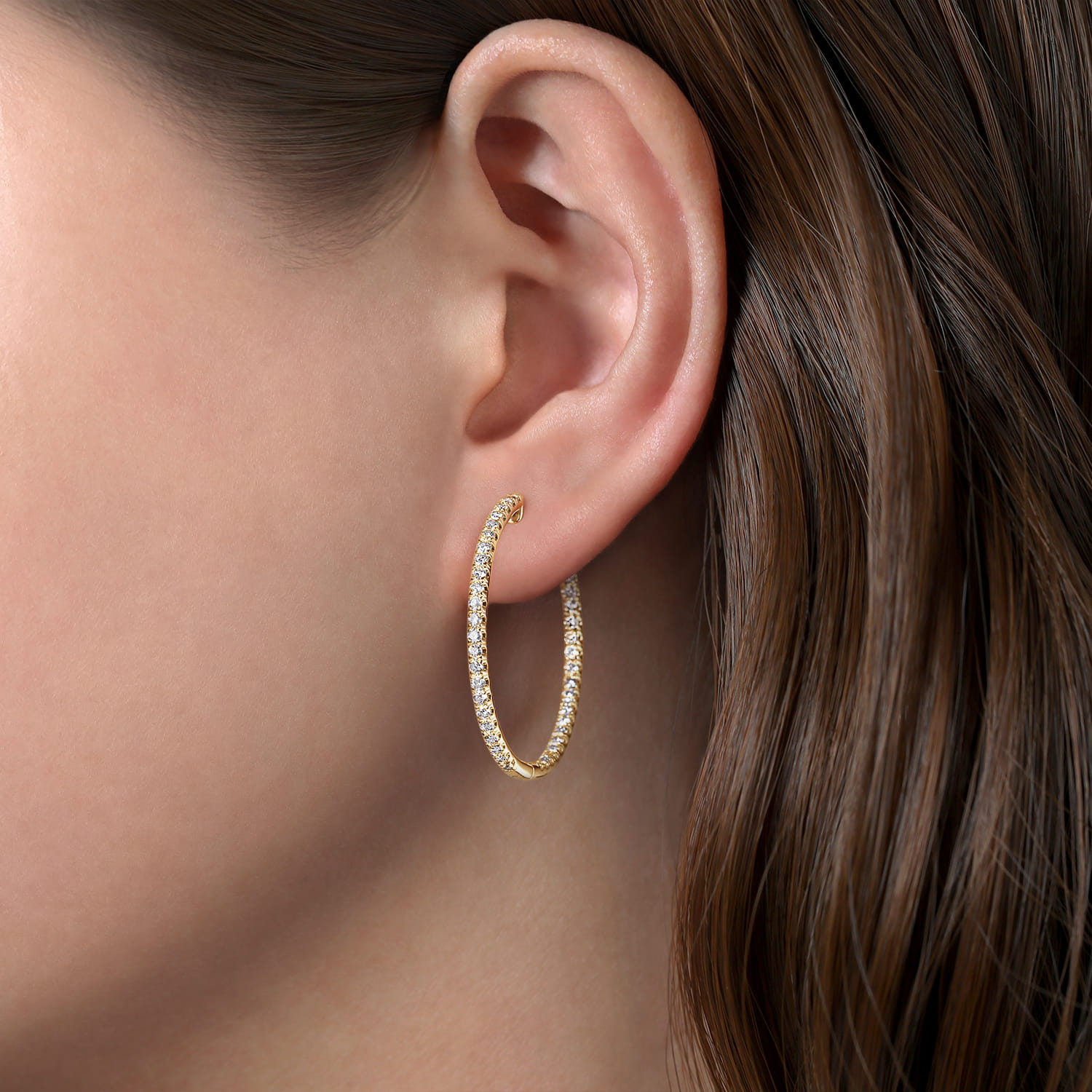 14K Yellow Gold French Pave 30mm Round Inside Out Diamond Hoop Earrings - 1.45 ct - Shot 2