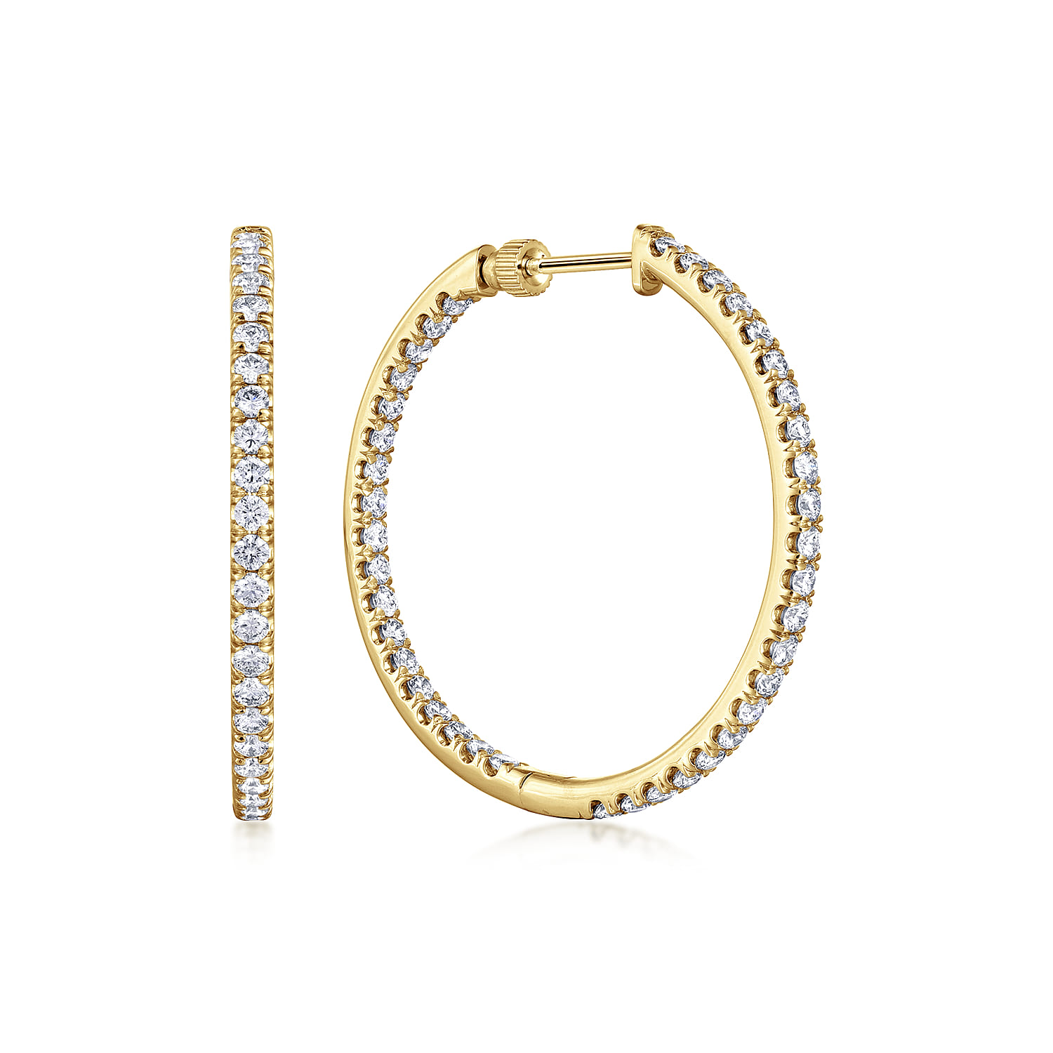 14K Yellow Gold French Pave 30mm Round Inside Out Diamond Hoop Earrings - 1.9 ct - Shot 1