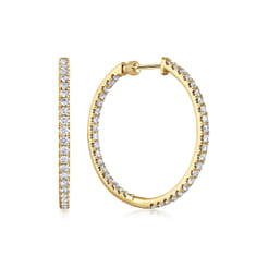 14K Yellow Gold French Pave 30mm Round Inside Out Diamond Hoop Earrings
