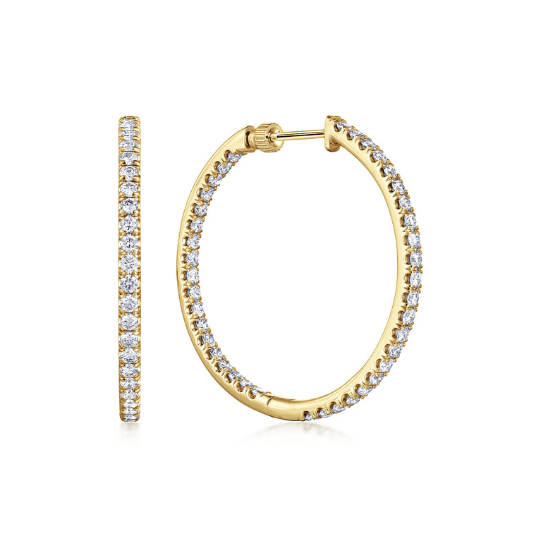14K Yellow Gold French Pave 30mm Round Inside Out Diamond Hoop Earrings - 1.9 ct - Shot 1