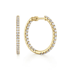 14K Yellow Gold French Pave 30mm Round Inside Out Diamond Hoop Earrings