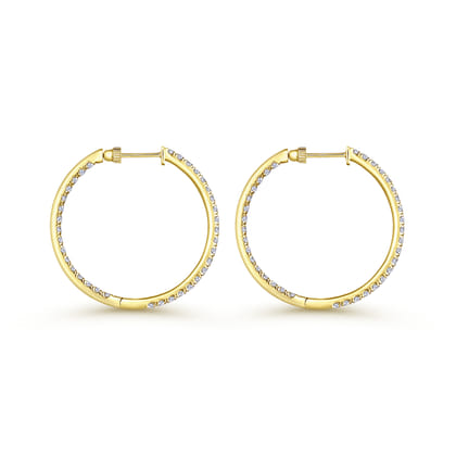 14K Yellow Gold French Pave 30mm Round Inside Out Diamond Hoop Earrings
