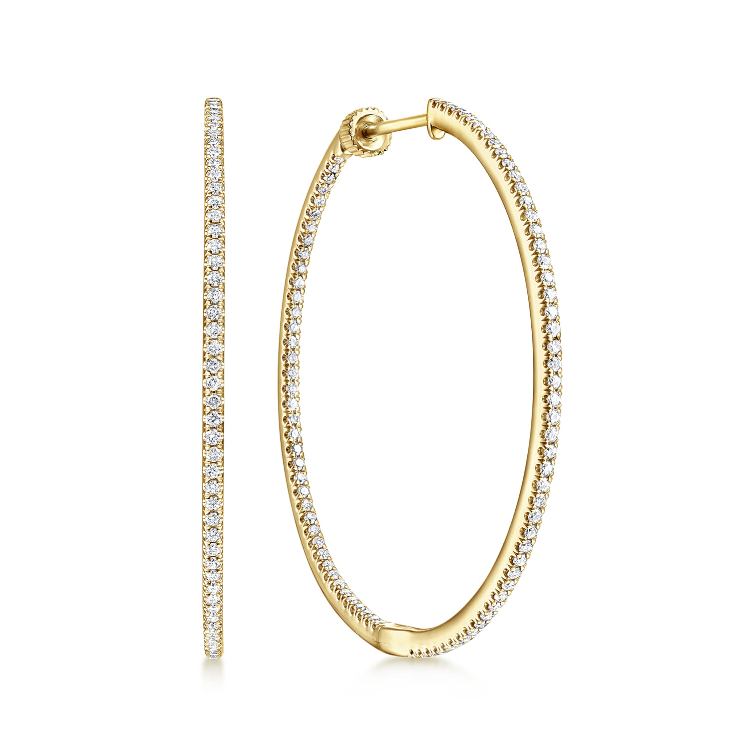 14K Yellow Gold French Pave 40mm Round Inside Out Diamond Hoop Earrings - 1.05 ct - Shot 1