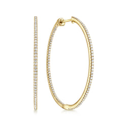 14K Yellow Gold French Pave 40mm Round Inside Out Diamond Hoop Earrings
