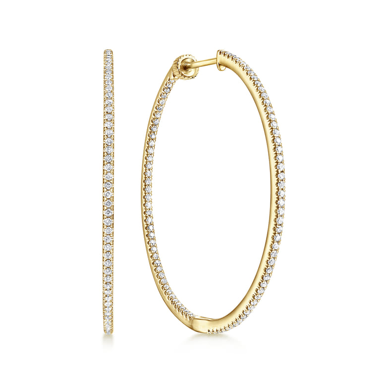 14K Yellow Gold French Pave 40mm Round Inside Out Diamond Hoop Earrings - 1.05 ct - Shot 1