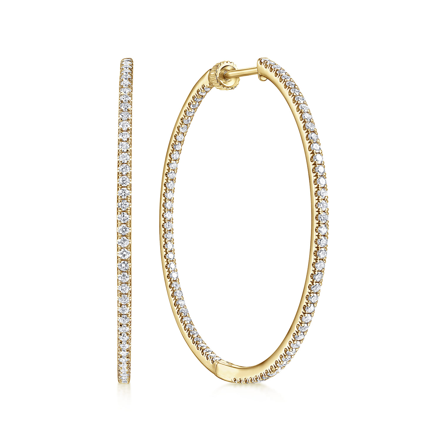 14K Yellow Gold French Pave 40mm Round Inside Out Diamond Hoop Earrings - 1.5 ct - Shot 1