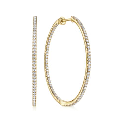 14K Yellow Gold French Pave 40mm Round Inside Out Diamond Hoop Earrings